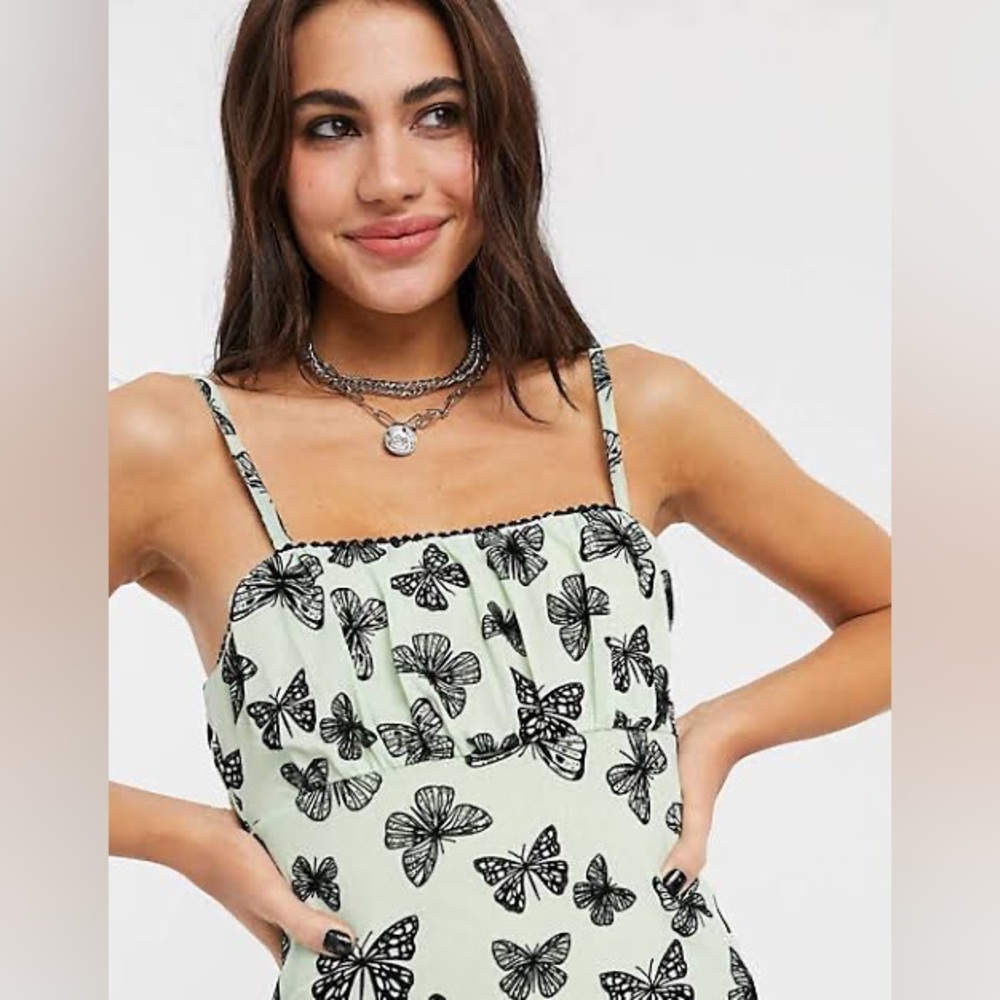 Bershka strappy butterfly print mini dress in green